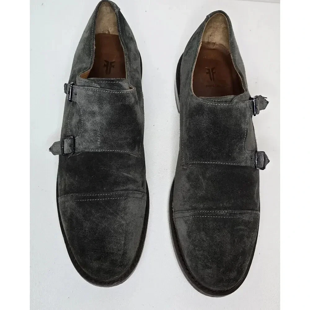 Men Frye James Double Monk Strap Loafers 81123 Sz 8.5 D Gray Suede Cap Toe Shoes